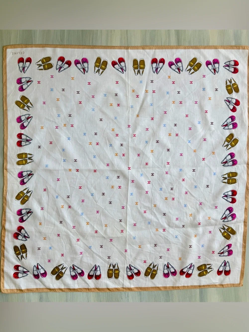 Céline Macadam Blazon White Cotton Square Scarf Whimsical Shoes Print